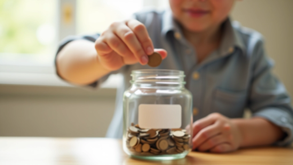 Enfant plaçant une pièce de monnaie dans un bocal étiqueté avec un sourire