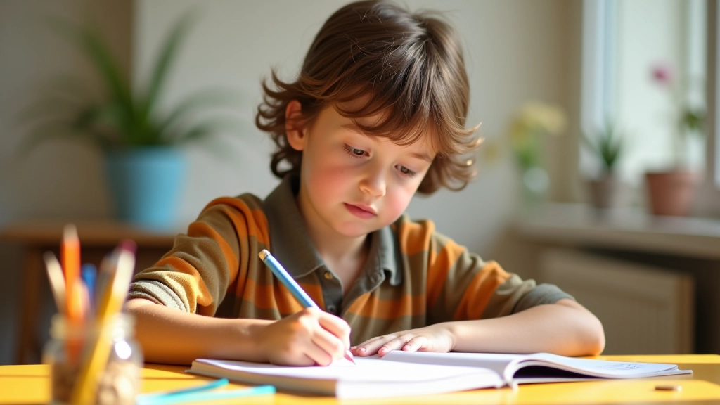 Enfant écrivant dans un carnet de budget avec des crayons colorés et des pièces