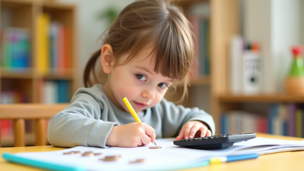 Enfant faisant ses comptes avec une calculatrice et un cahier