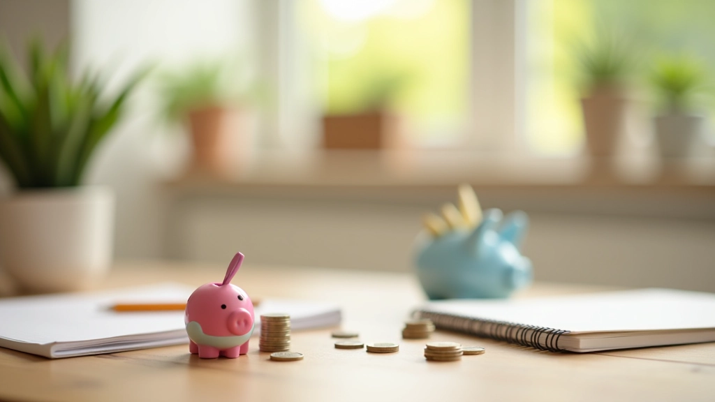 Tirelire colorée avec des pièces à côté d'un cahier de suivi