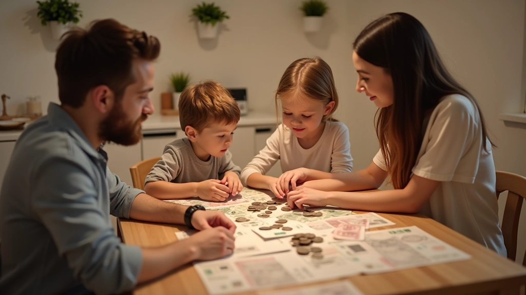 Famille comptant des pièces de monnaie ensemble à la table du salon