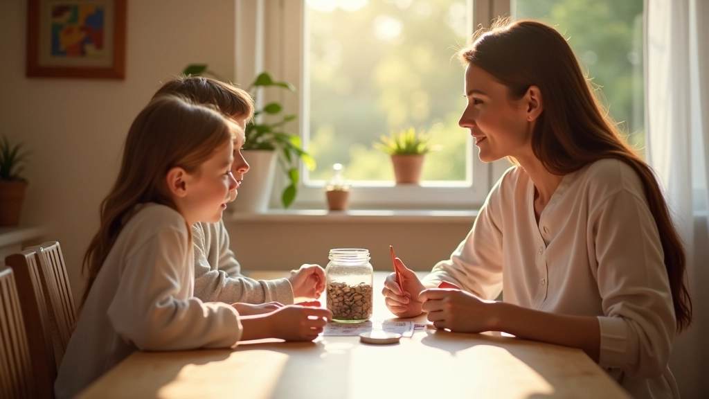 Famille autour d'une table en train de discuter d'épargne avec des bocaux visibles