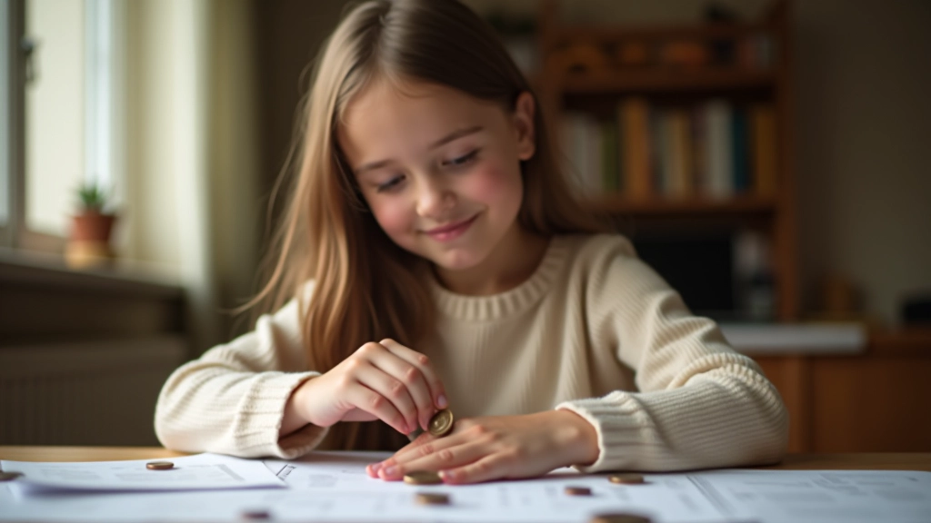Jeune fille comptant des pièces de monnaie sur un bureau avec des documents financiers