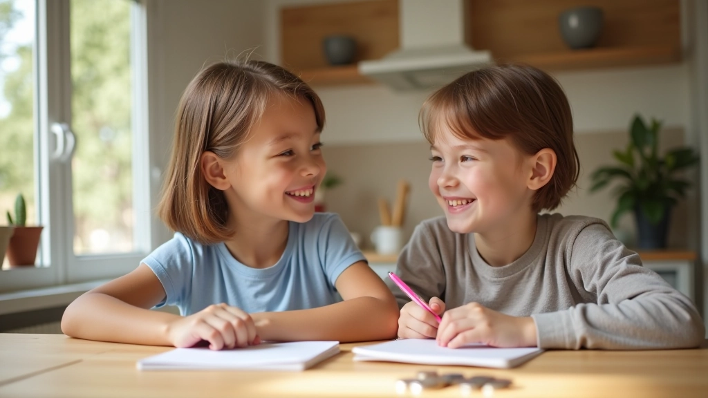 Parent et enfant discutant budget assis à une table avec des pièces de monnaie et un carnet