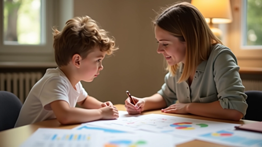 Parent expliquant la gestion financière à un enfant avec des diagrammes