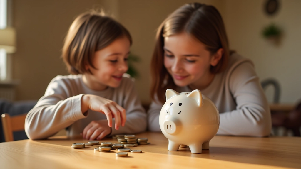 Parent et enfant comptant des pièces de monnaie dans une tirelire