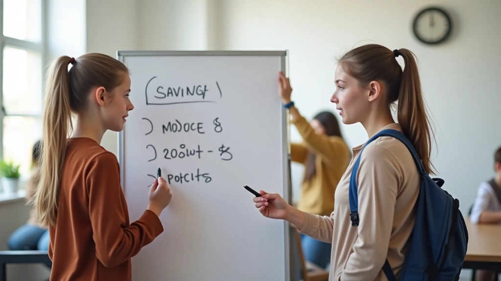 Deux adolescents discutant autour d'un tableau blanc avec des objectifs d'épargne écrits