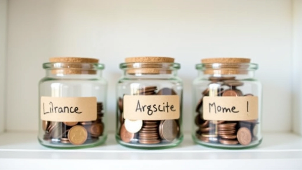 Bocaux en verre avec des pièces de monnaie de différentes couleurs organisés par catégorie