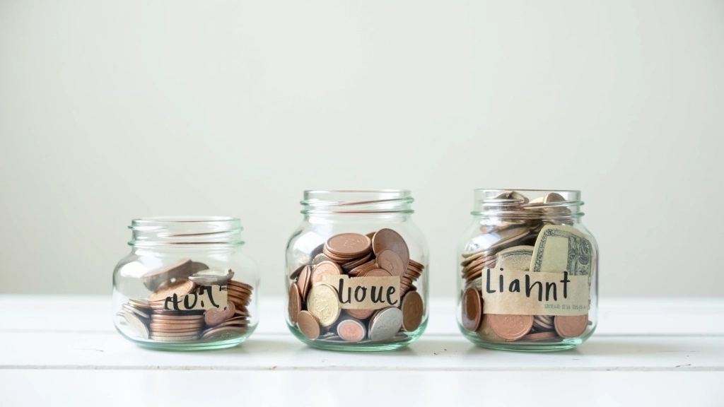 Trois bocaux en verre avec de l'argent montrant épargne, dépenses et partage