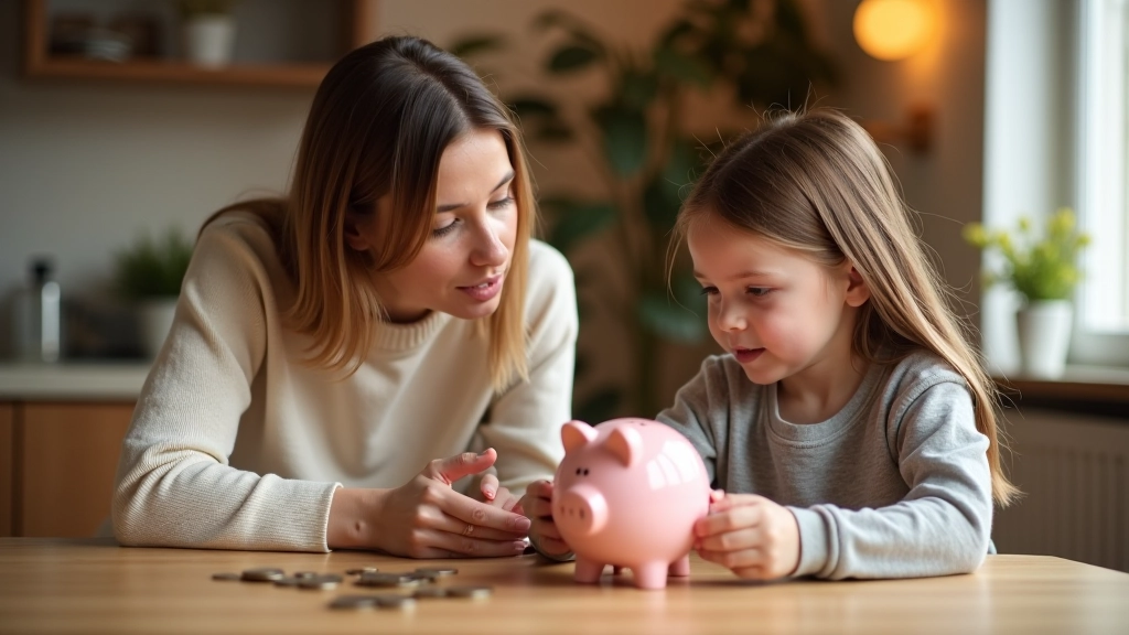 Parent expliquant les principes de l'argent à un enfant autour d'une table